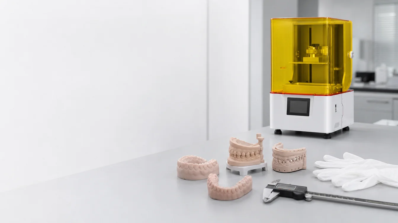 Dental model 3D printing workflow in a laboratory, with washed, fully dried and UV post-cured resin dental models beside a resin 3D printer