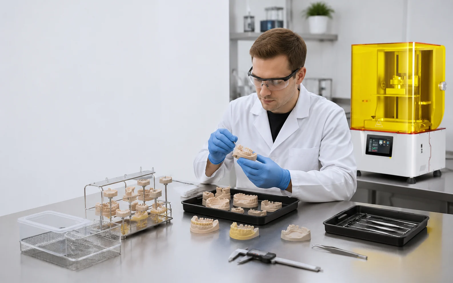 Dental model washing and curing workflow in a clean resin 3D printing laboratory