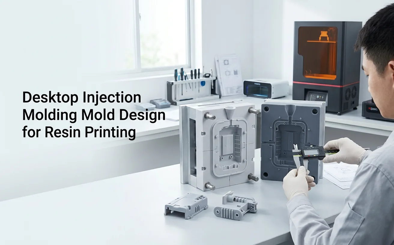 Engineer evaluating a resin 3D printed mold insert for desktop injection molding