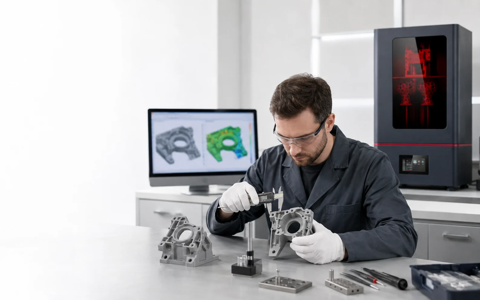 Engineer comparing a fully post-processed resin 3D printed part with CAD and 3D scan inspection data
