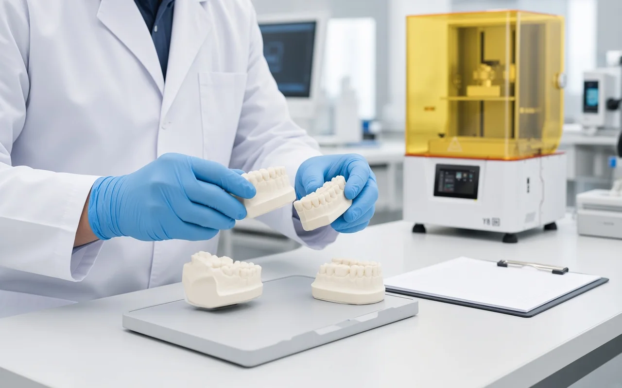 Dental technician comparing resin arch models built at different angles to evaluate whether print orientation affects dental model accuracy
