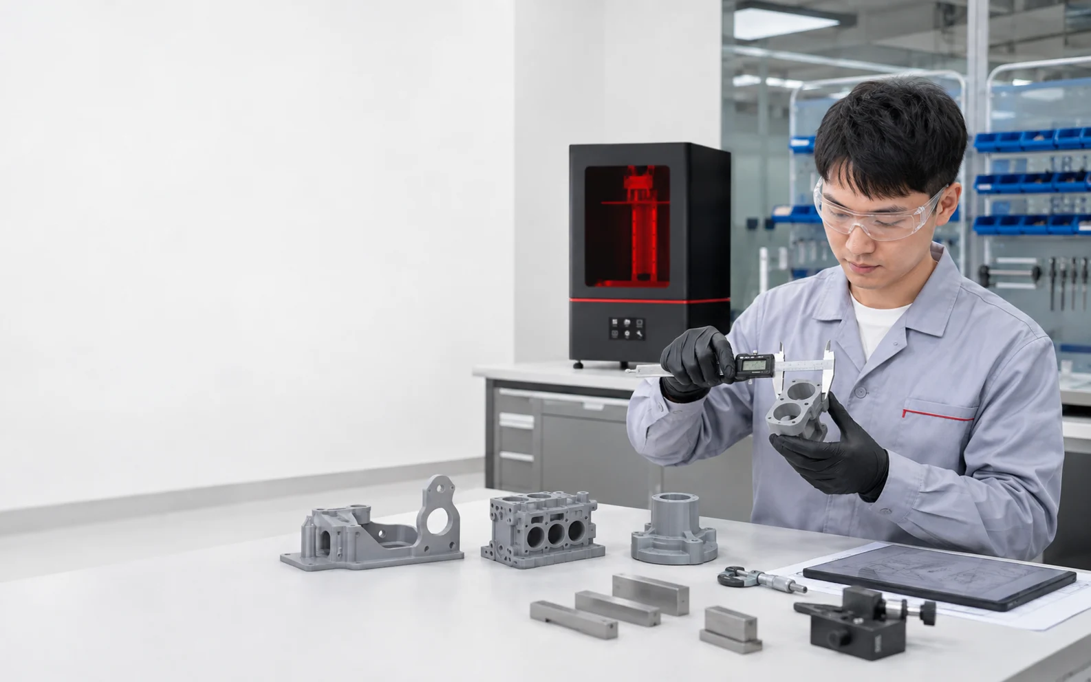 Engineer performing first article inspection on fully post-processed resin 3D printed parts beside an industrial 3D printer