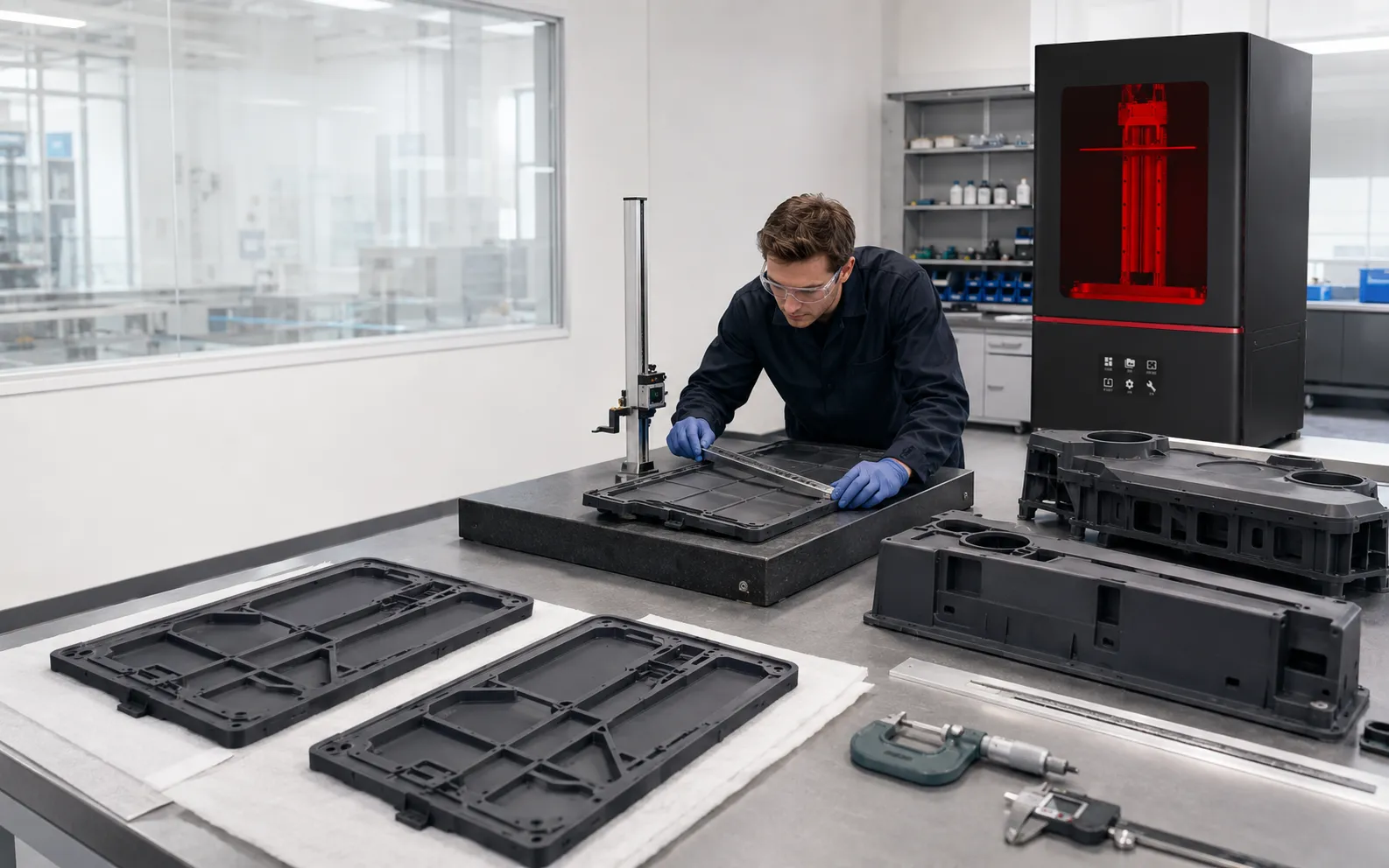 Engineer inspecting a large fully post-processed resin 3D printed part for warping and dimensional stability