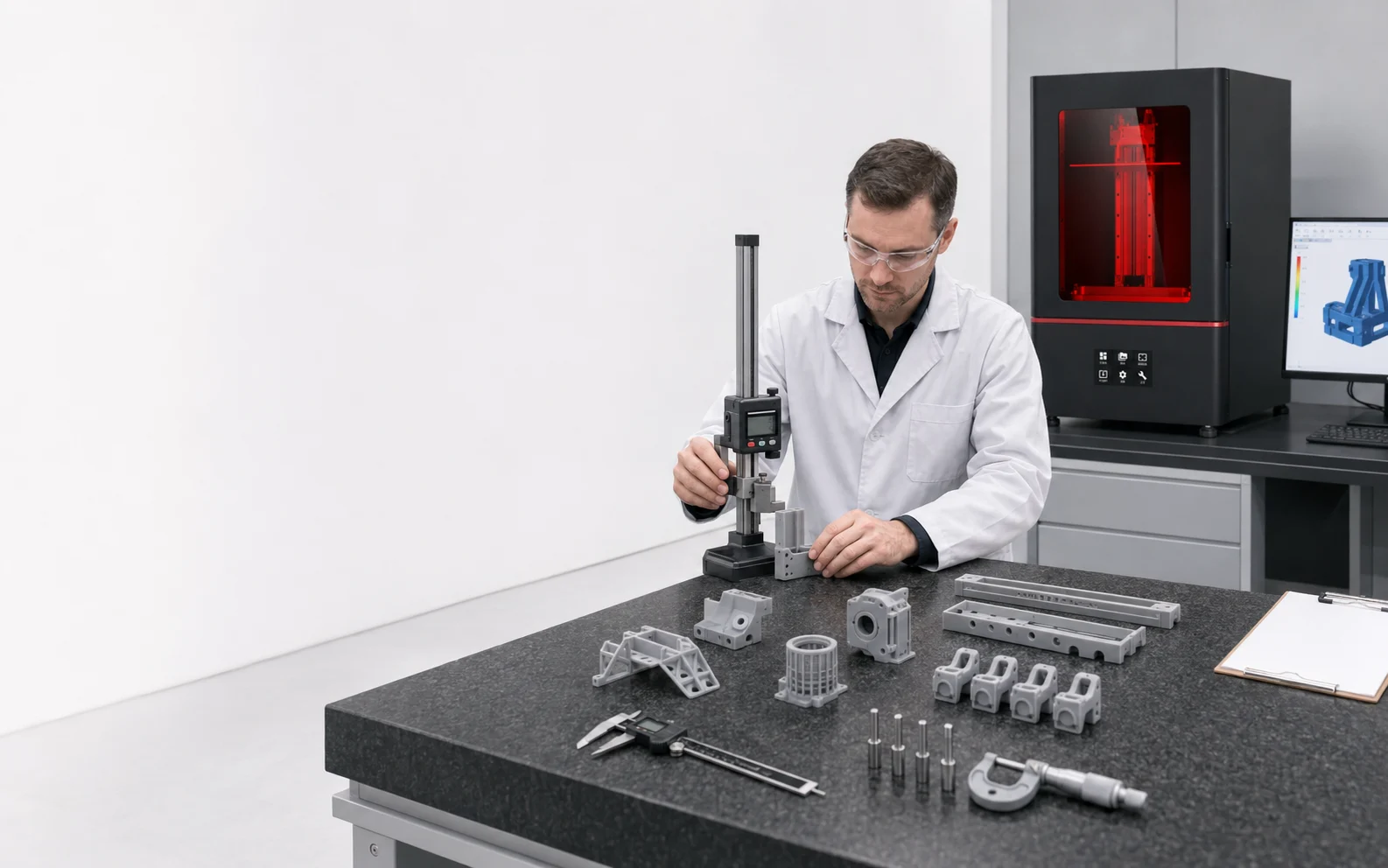 Industrial resin 3D printer accuracy verification with an engineer measuring finished test parts