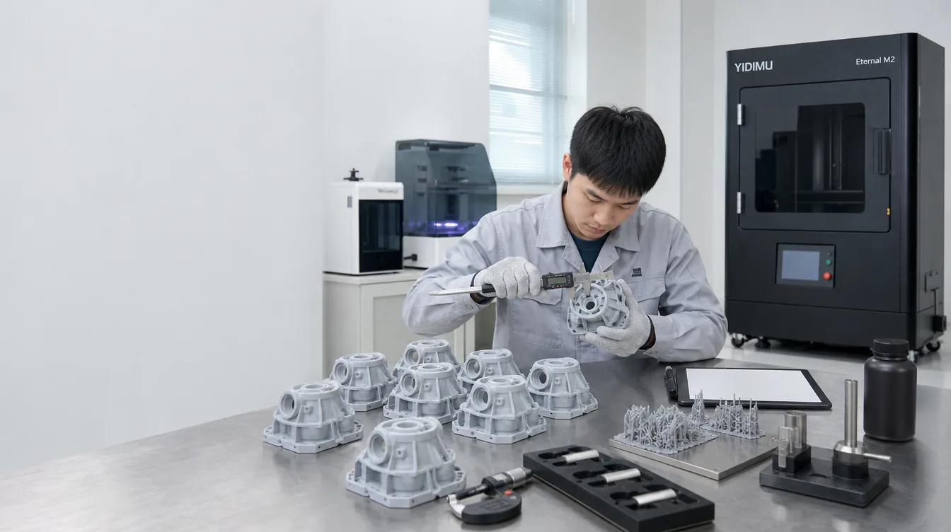 Engineer calculating industrial resin 3D printer cost per part from printed parts, resin use, post-processing and inspection.