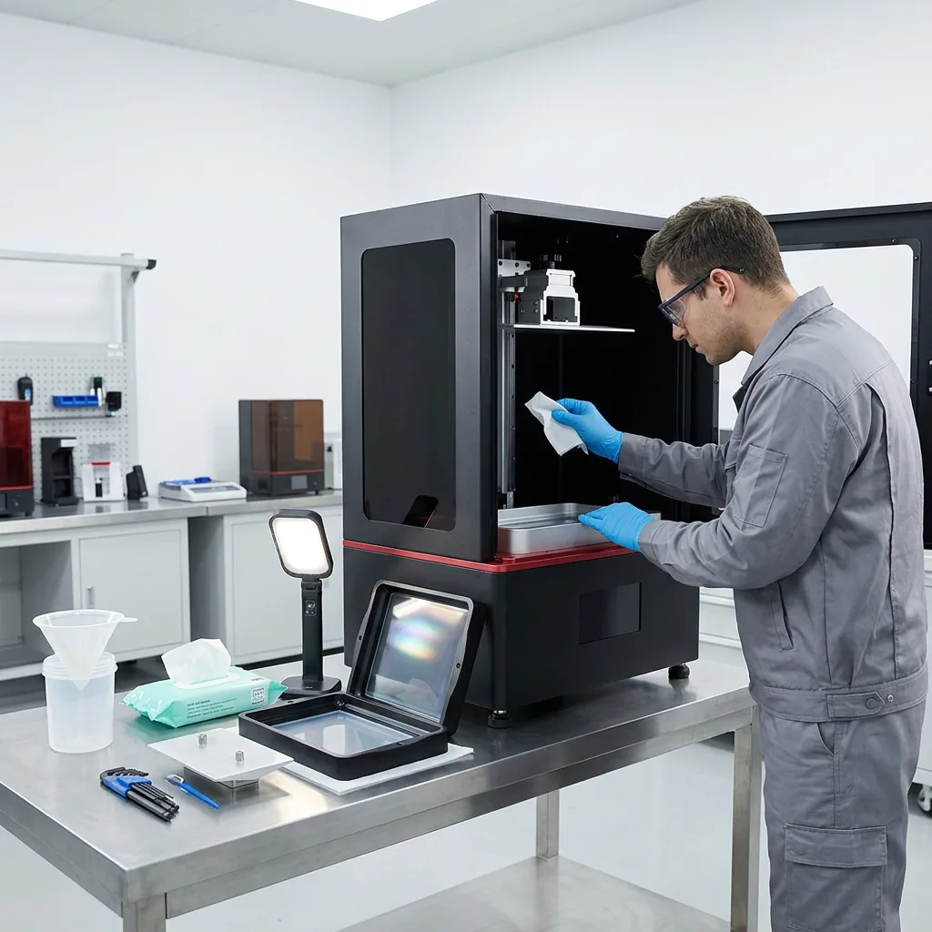 Technician inspecting an industrial resin 3D printer, resin vat and build platform in a clean workshop