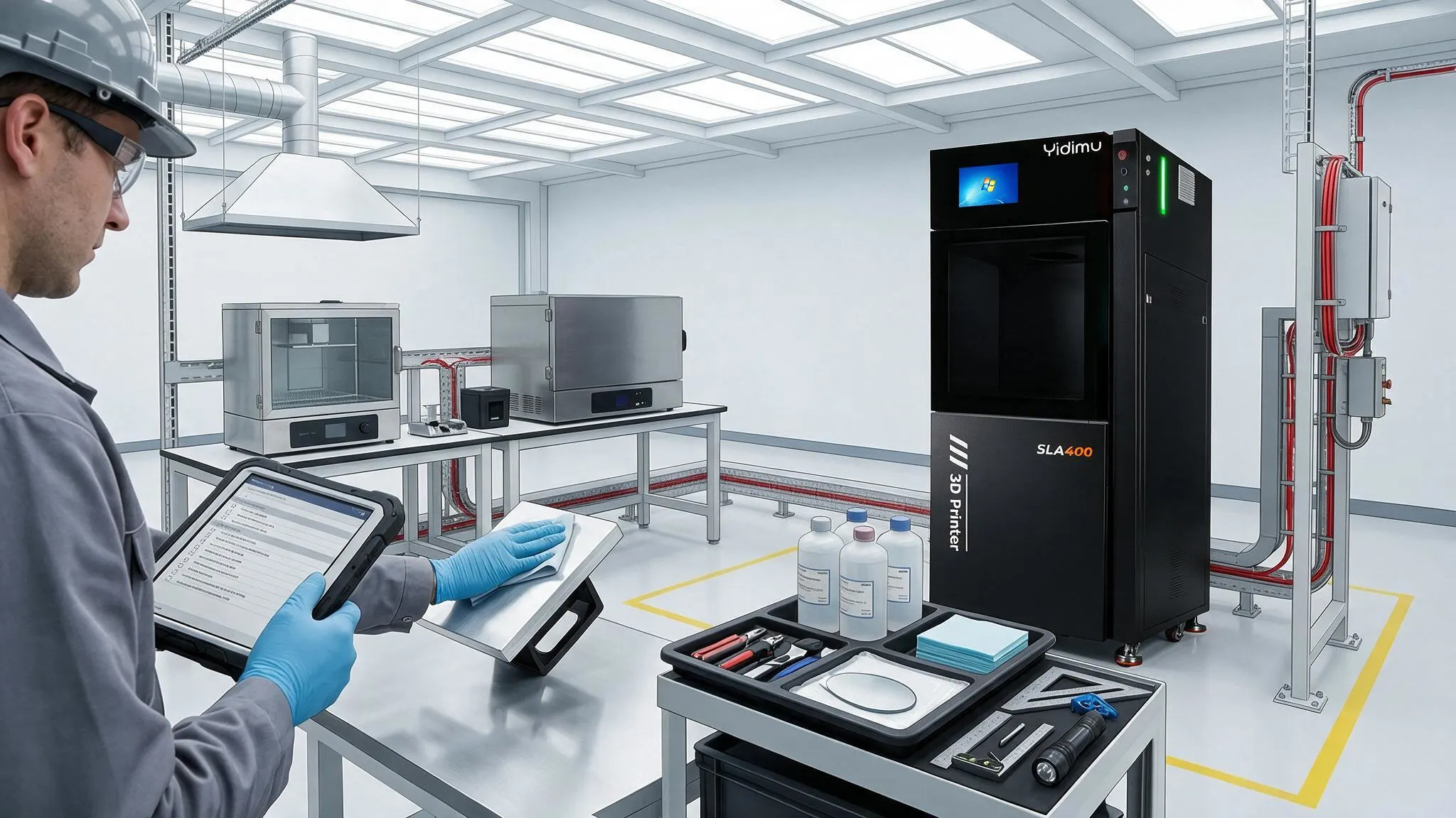 Engineer following a preventive maintenance checklist beside an industrial resin printer and post-curing unit