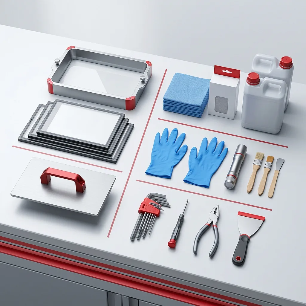 Organized resin printer maintenance components including vat, release film, build platform, wipes, filters and inspection tools