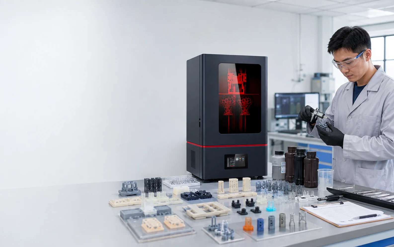 Engineer evaluating resin choices and finished test parts beside an industrial resin 3D printer