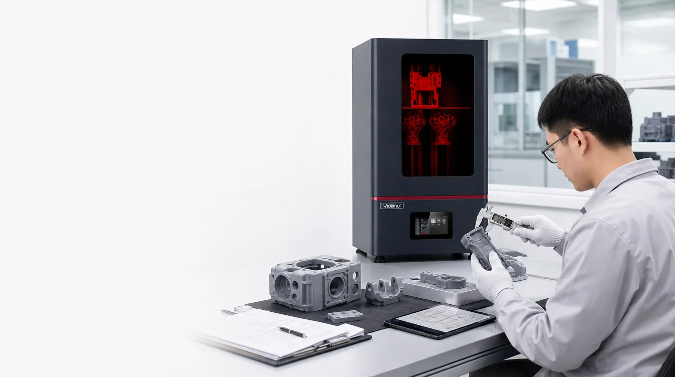 Engineer reviewing an industrial resin 3D printer, printed parts and supplier evaluation documents