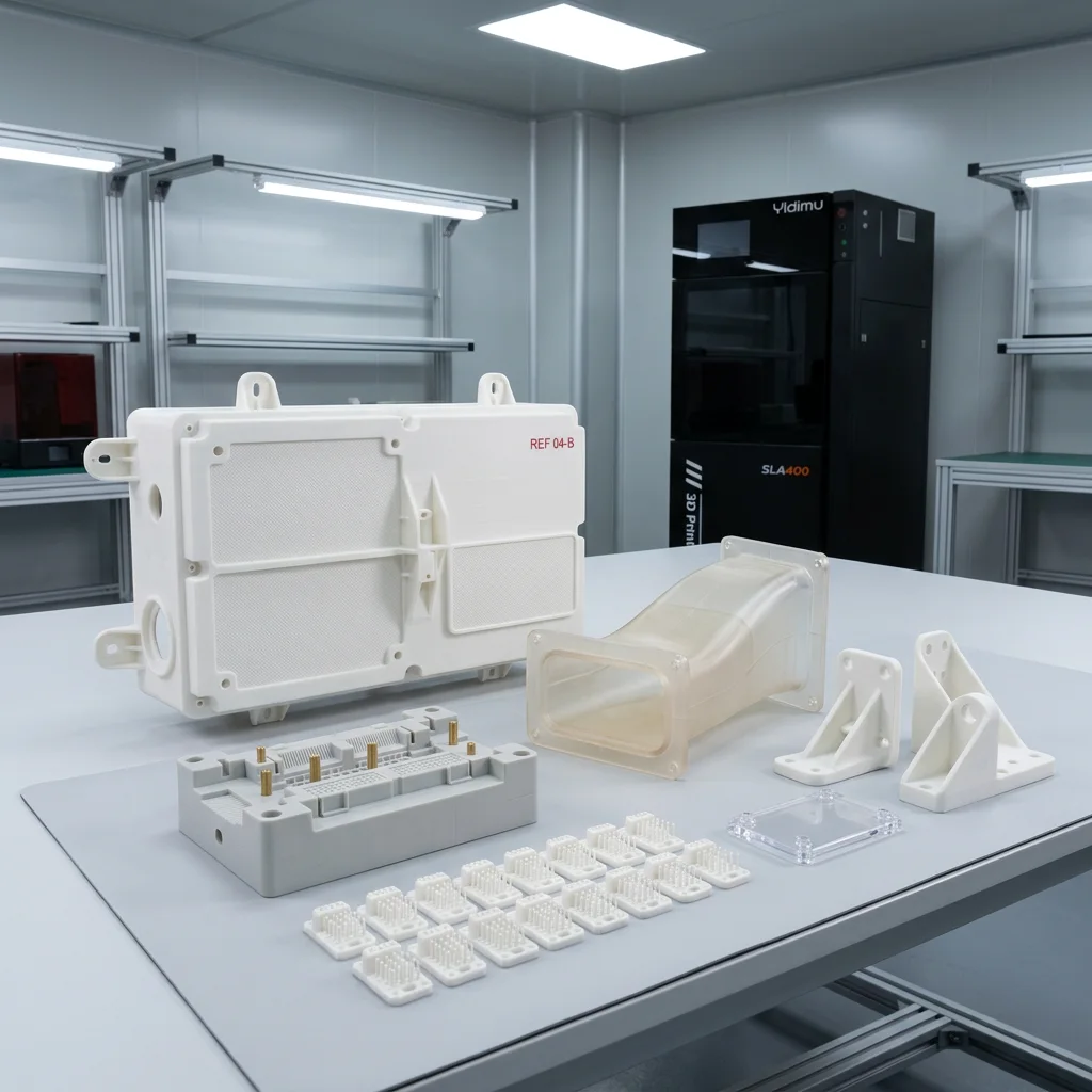 Industrial resin 3D printed housings, fixtures and batch parts on an engineering workbench