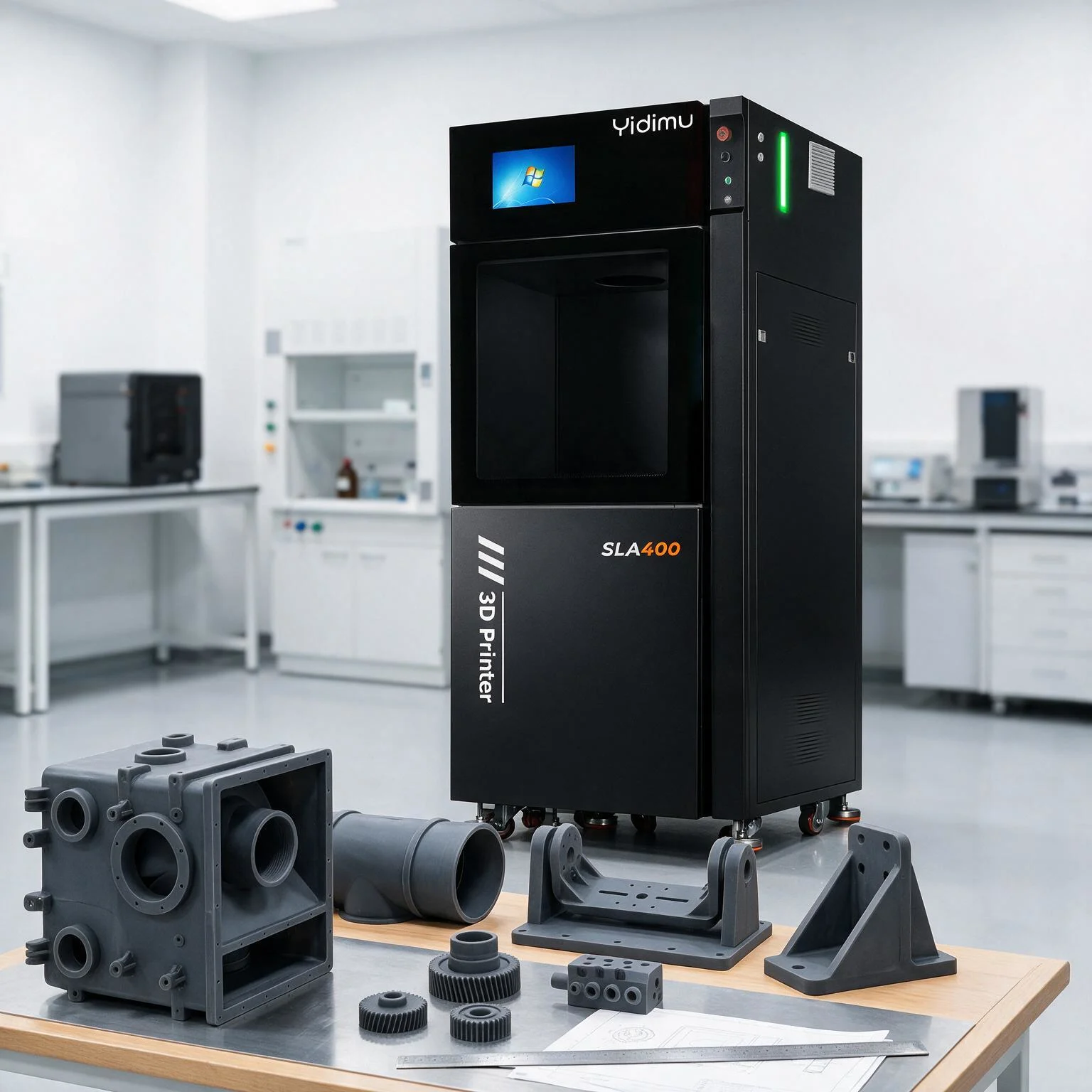 Large industrial resin 3D printer beside engineering housings and fixture parts