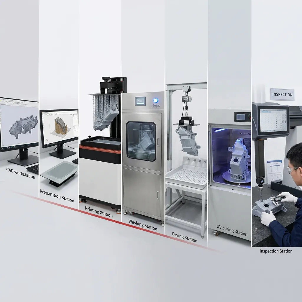 Engineering workflow for preparing, printing, washing, curing and inspecting a large resin part