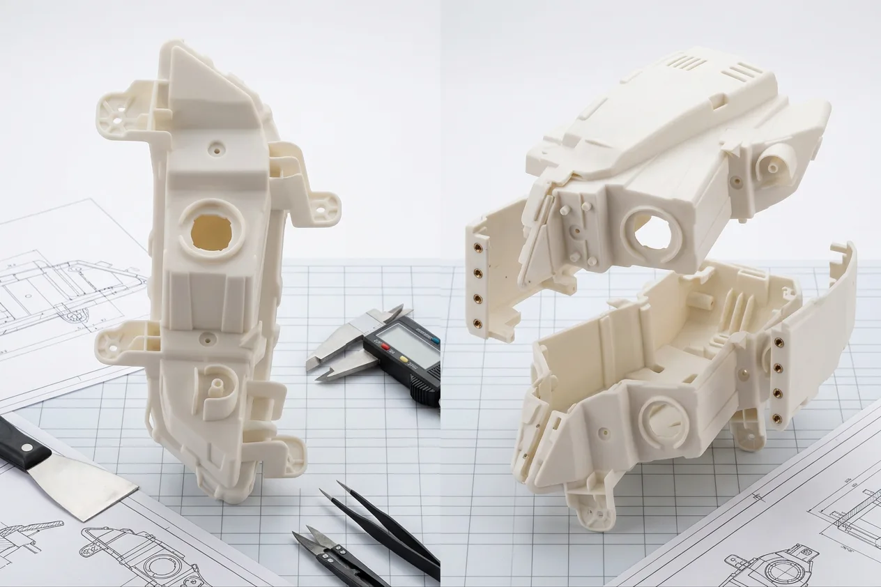 Comparison of a single-piece resin prototype and a split multi-part prototype