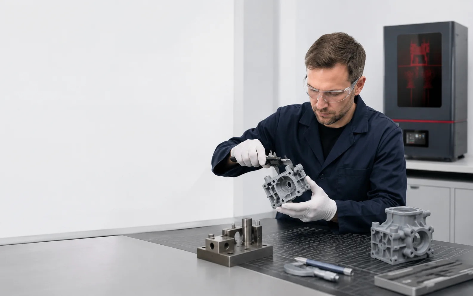 Engineer inspecting a finished resin 3D printed part with calipers under controlled lighting