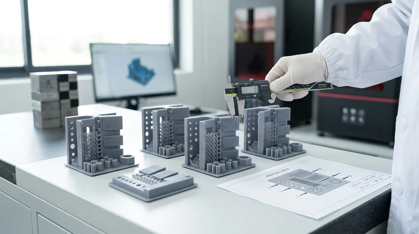 Identical resin 3D printed test parts arranged at center edge and corner positions for dimensional comparison