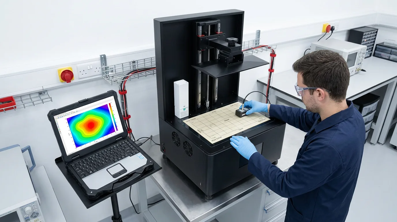 Technician measuring a grid of UV light intensity points across a resin printer build plane
