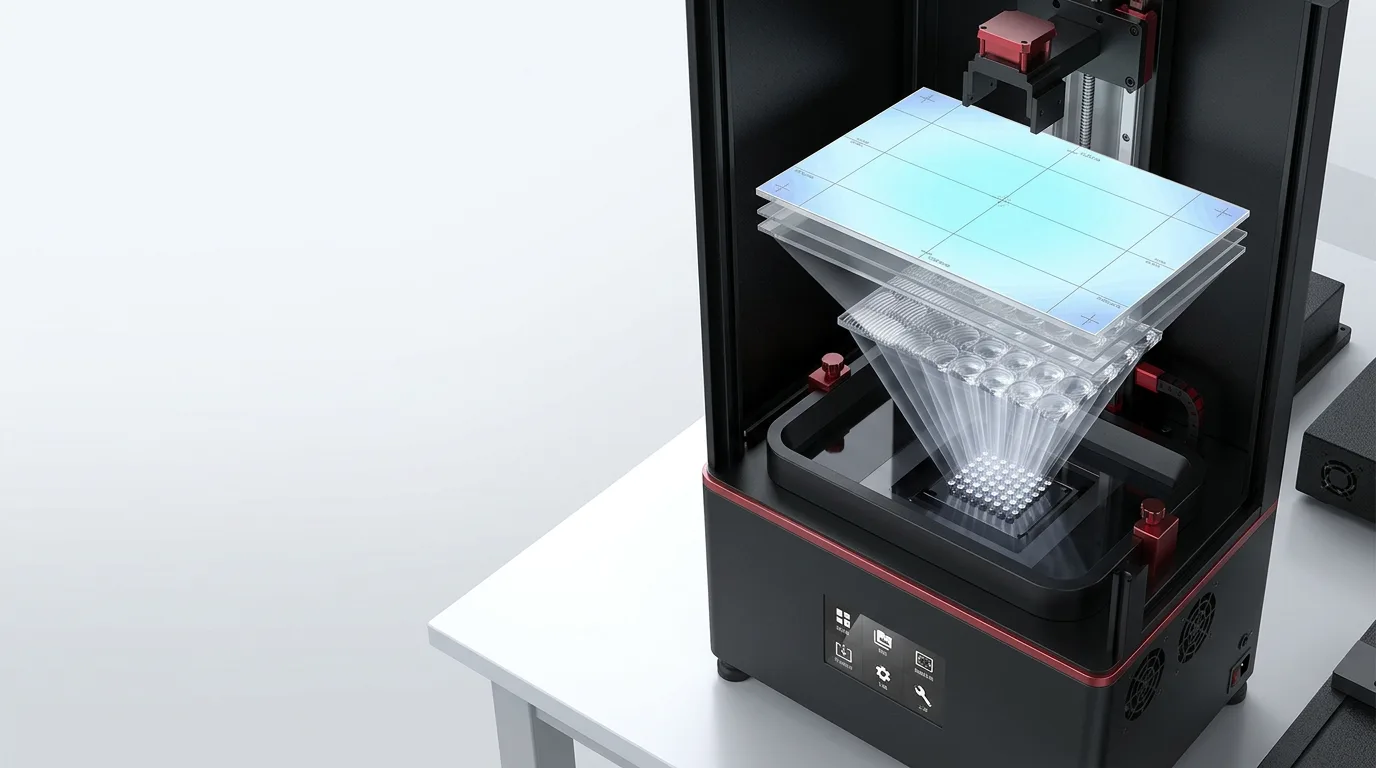 Resin 3D printer build plane with a measured light intensity map from center to corners