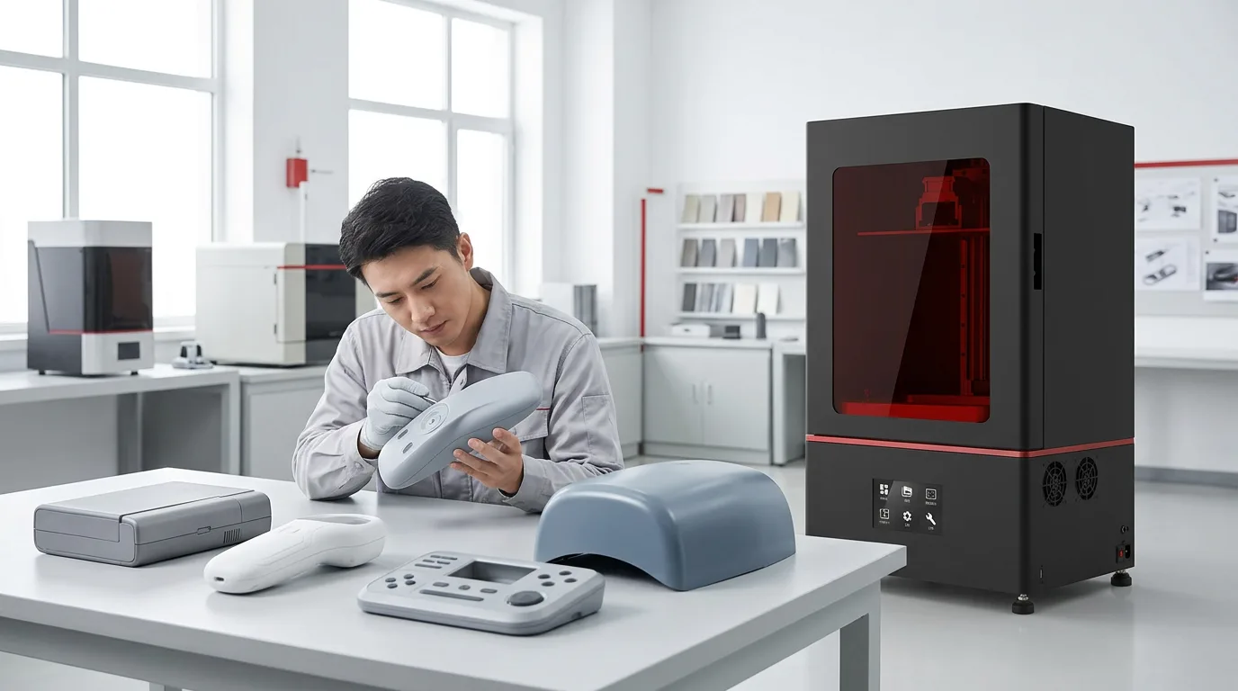 Industrial designer reviewing finished resin appearance prototypes beside a professional 3D printer