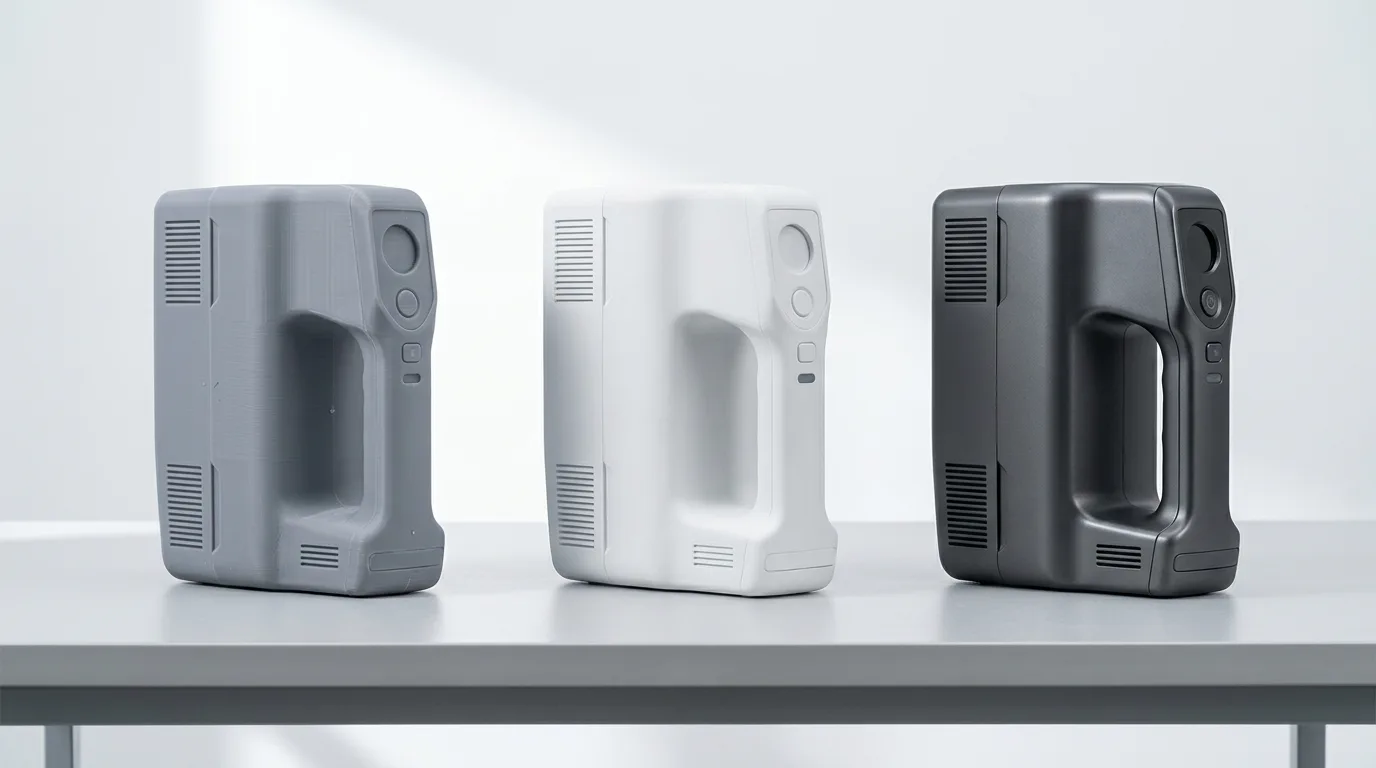 The same resin product housing shown as a raw print, sanded and primed model, and painted appearance prototype