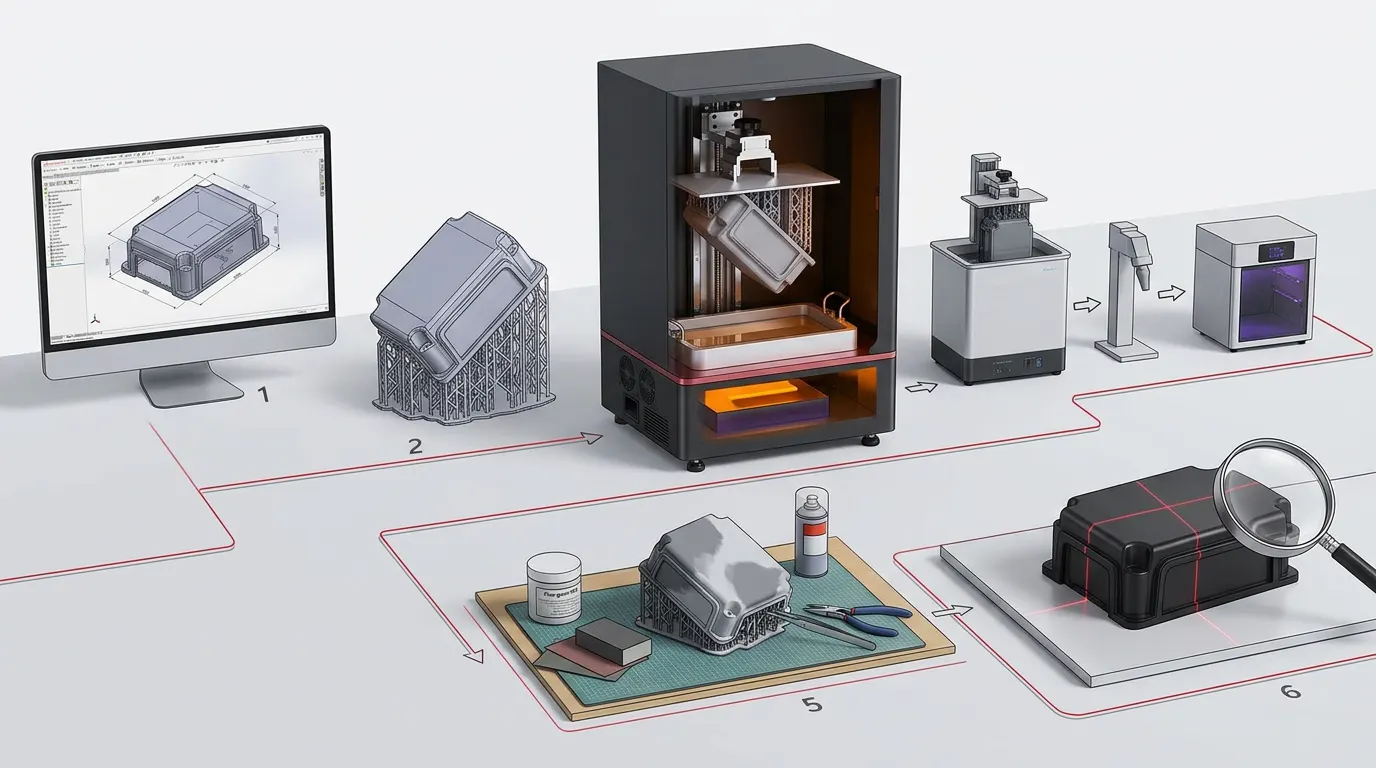 Workflow from CAD preparation and resin printing to sanding, priming, painting, and appearance inspection