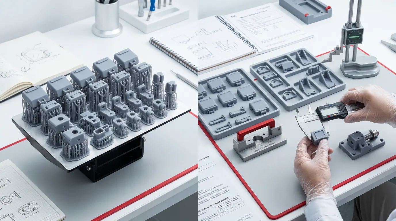 Nested resin parts on a build platform beside dimensional inspection tools