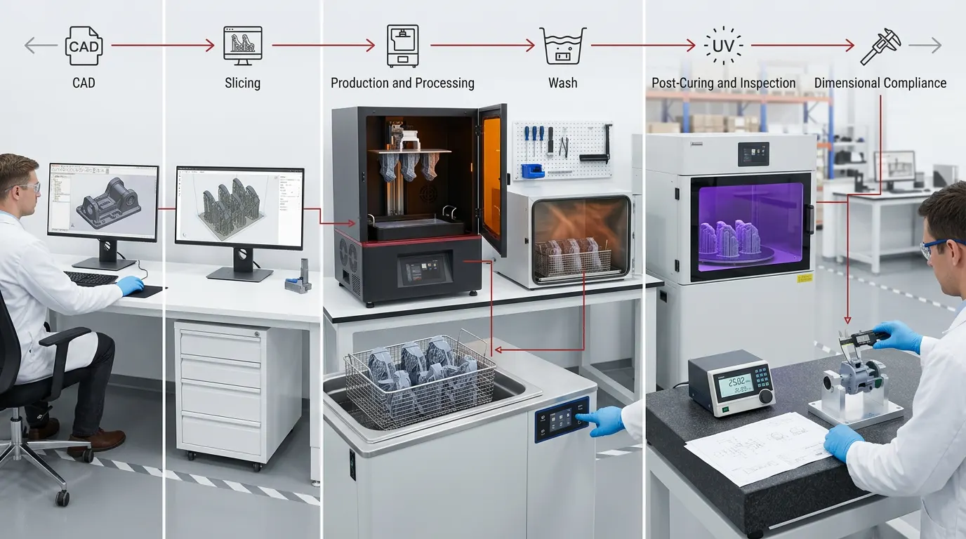 Controlled resin 3D printing workflow from file preparation through inspection