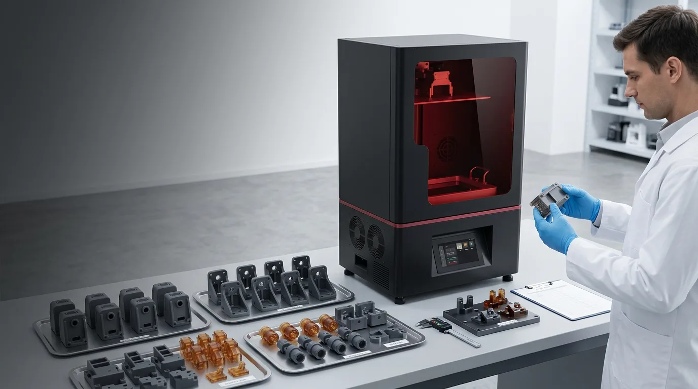 Industrial resin 3D printer producing a coordinated batch of engineering parts