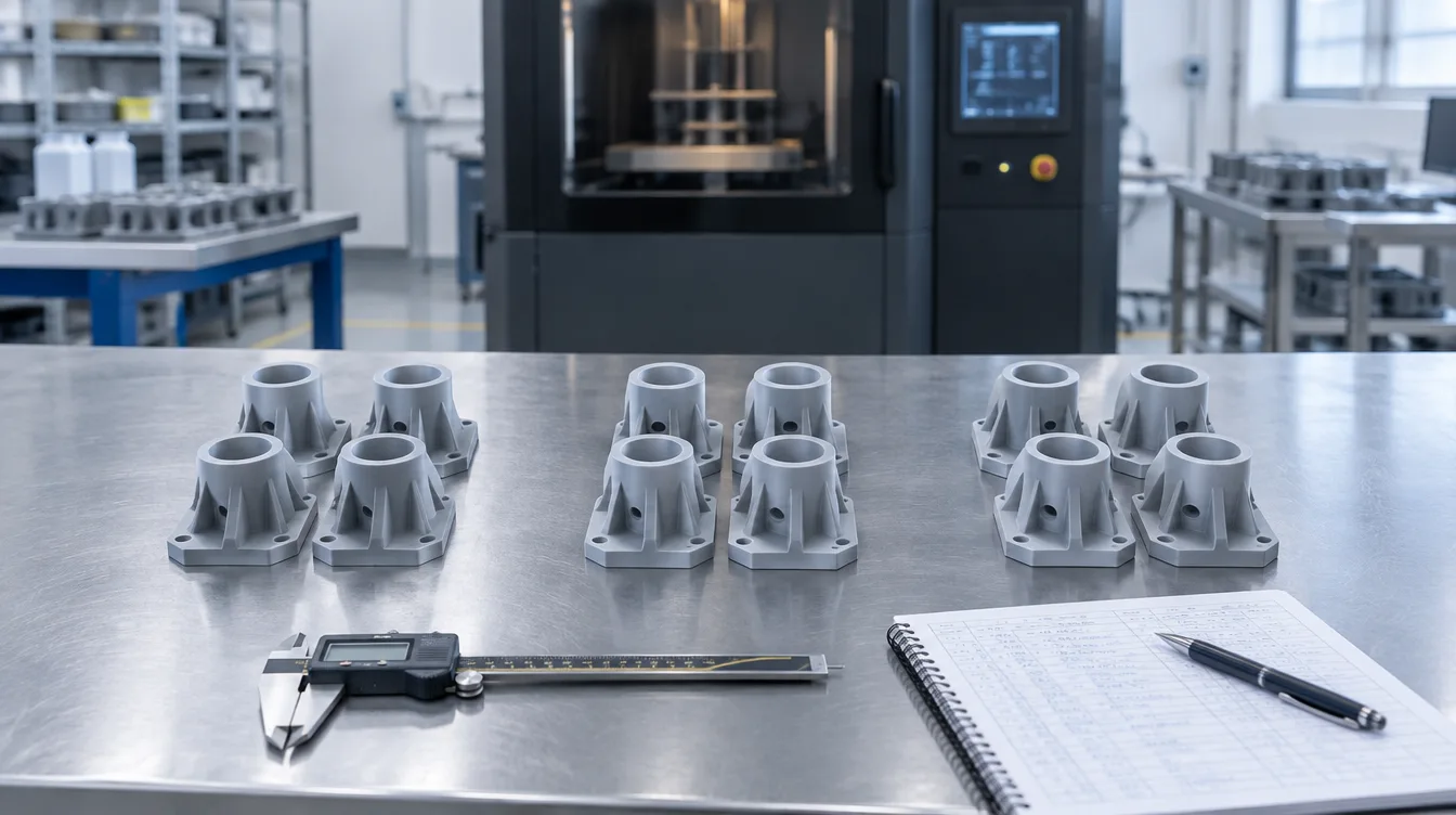 Repeated small batch resin 3D printing builds of the same part laid out on an inspection bench after washing, drying and UV post-curing