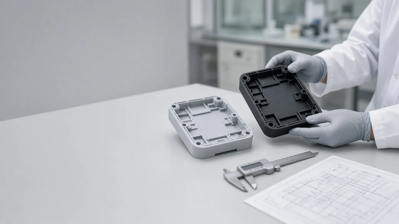 Engineer comparing a washed, dried and UV post-cured resin prototype with a molded plastic part during a resin prototype to injection molded part workflow review
