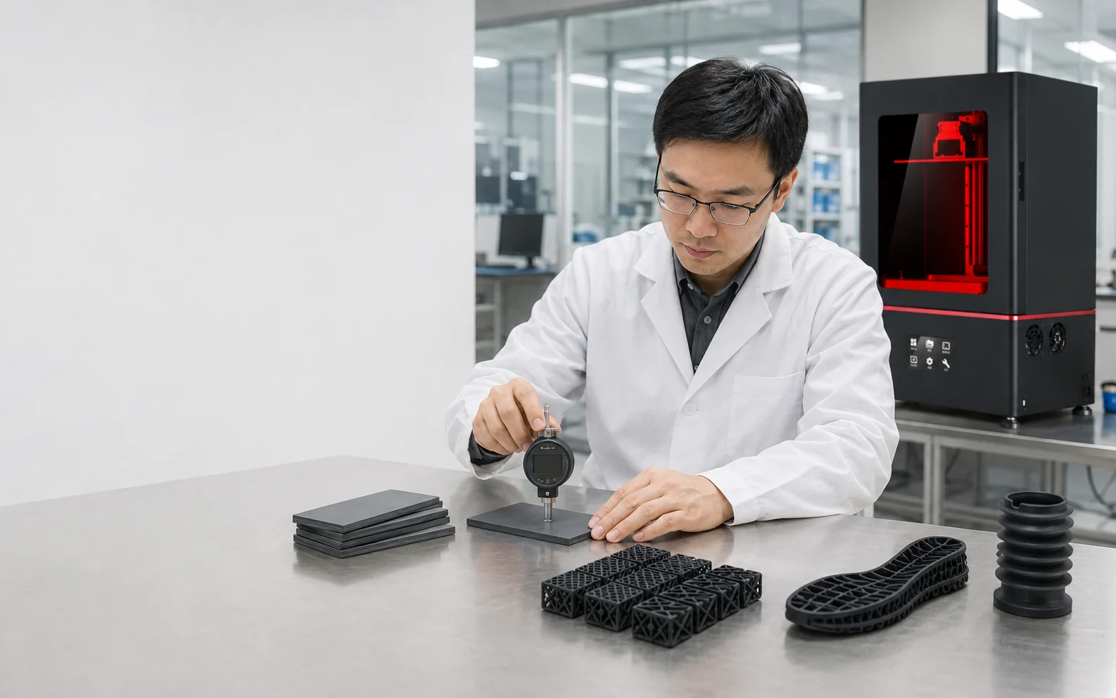 Engineer comparing cured flexible 3D printed lattice samples with a Shore A durometer beside a Flex G2 printer