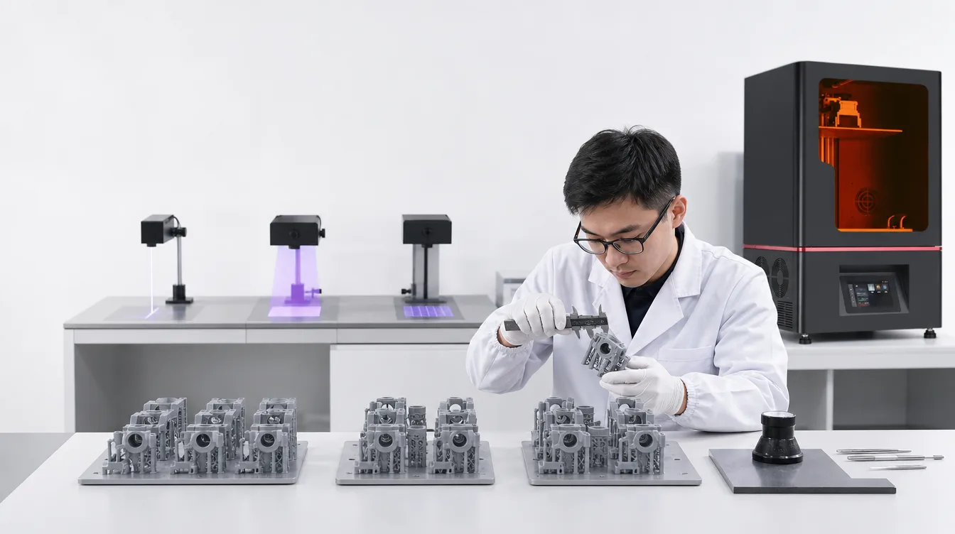 Engineer evaluating resin 3D printing exposure technologies for industrial parts