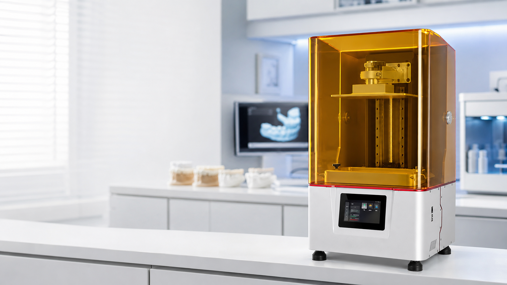 3D Printer Dental 3D printing workflow from digital design through resin printing, washing and UV post-curing to inspected dental models