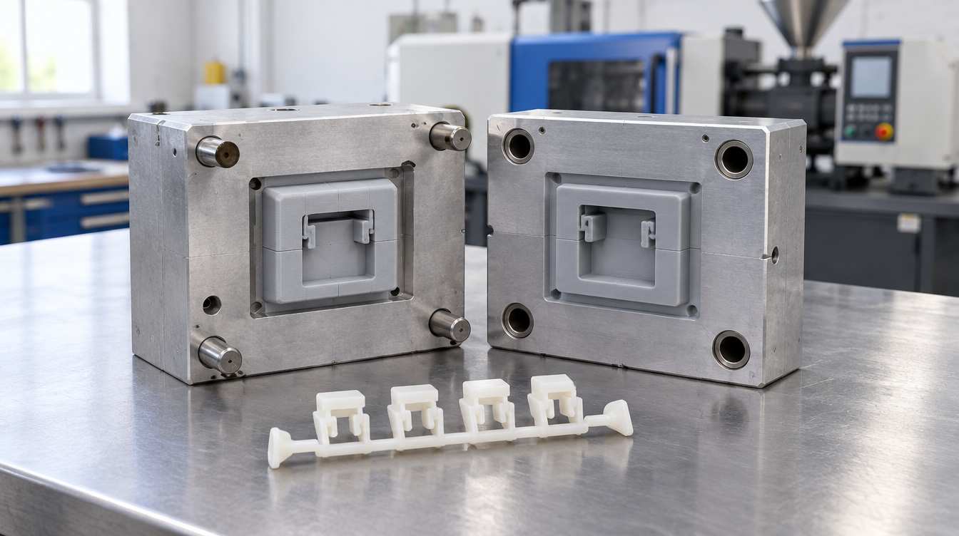 3D Printer Exploded view of 3D printed core and cavity mold inserts with an aluminum mold frame, sprue bushing and ejector pins