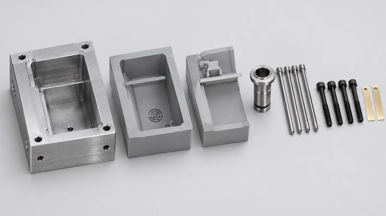 3D Printer Used resin 3D printed mold insert showing wear at the gate and shutoff edge, with molded parts laid out in shot order