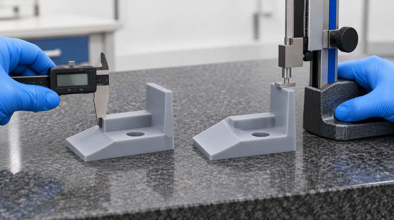 3D Printer Two resin test parts printed at different layer heights measured with a caliper and height gauge