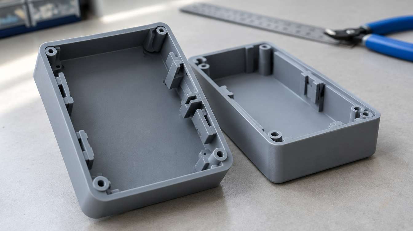 3D Printer Snap-fit test arms printed in standard resin and ABS-like resin, one fractured at the root and one bent without breaking