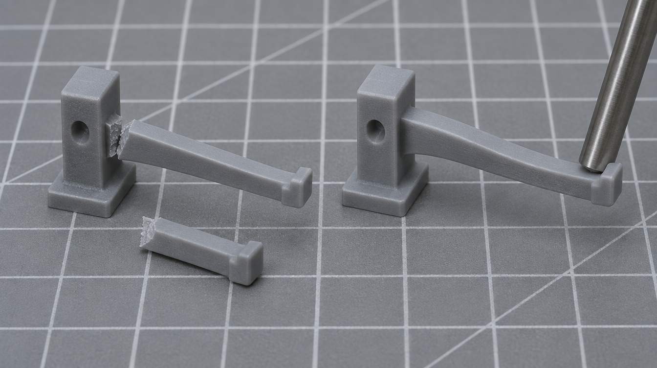 3D Printer ABS-like resin test parts with snap-fit arms and screw bosses laid out beside calipers after post-curing