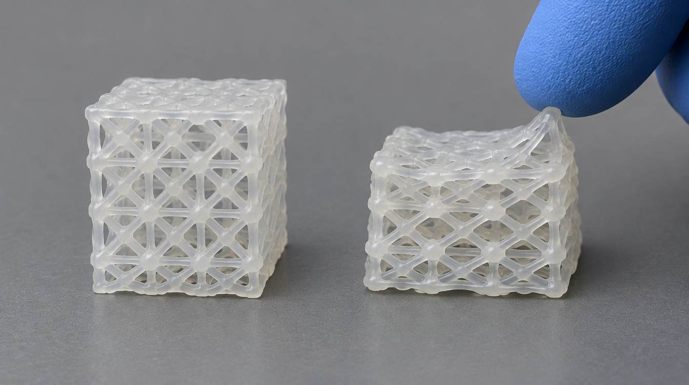 3D Printer Operator rinsing a flexible resin lattice part in a wash bath before UV post-curing