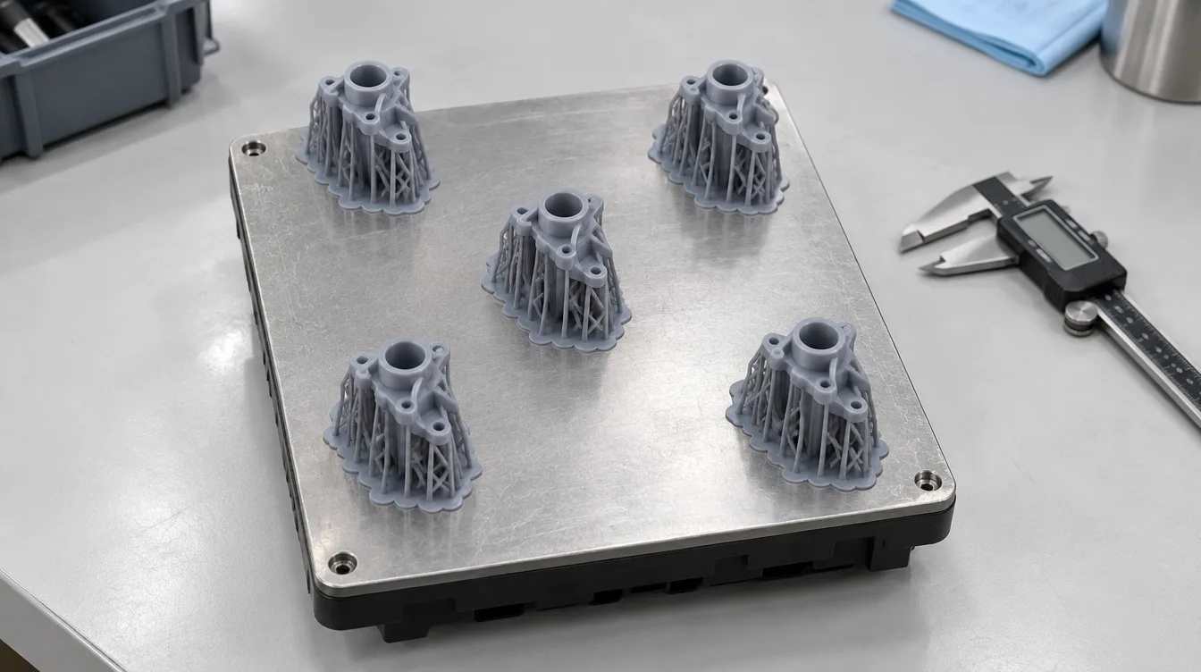 Identical resin test parts printed at the center and corners of a build platform for position comparison