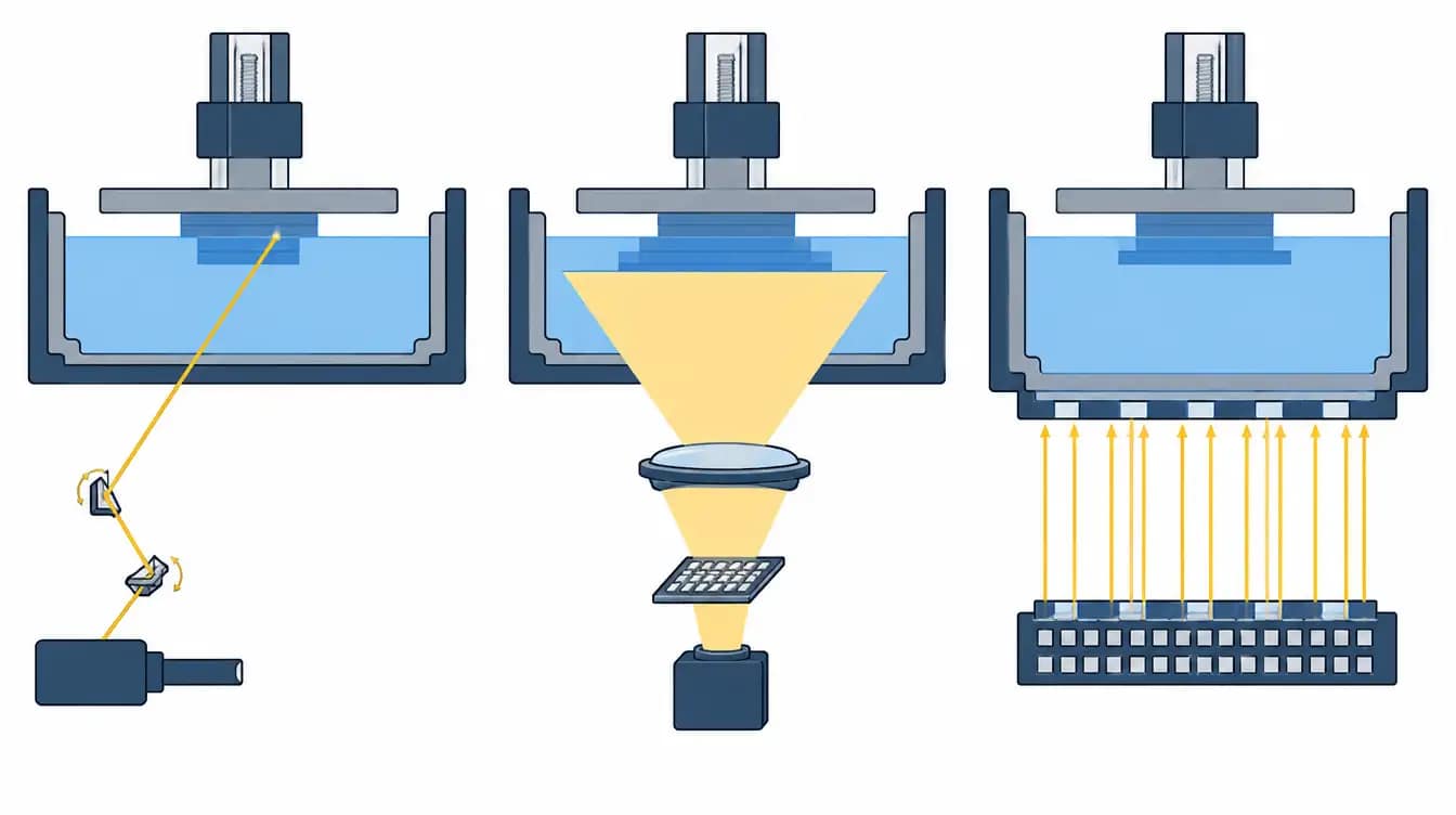 Diagram comparing SLA laser scanning, DLP projection and LCD masked exposure in resin 3D printing