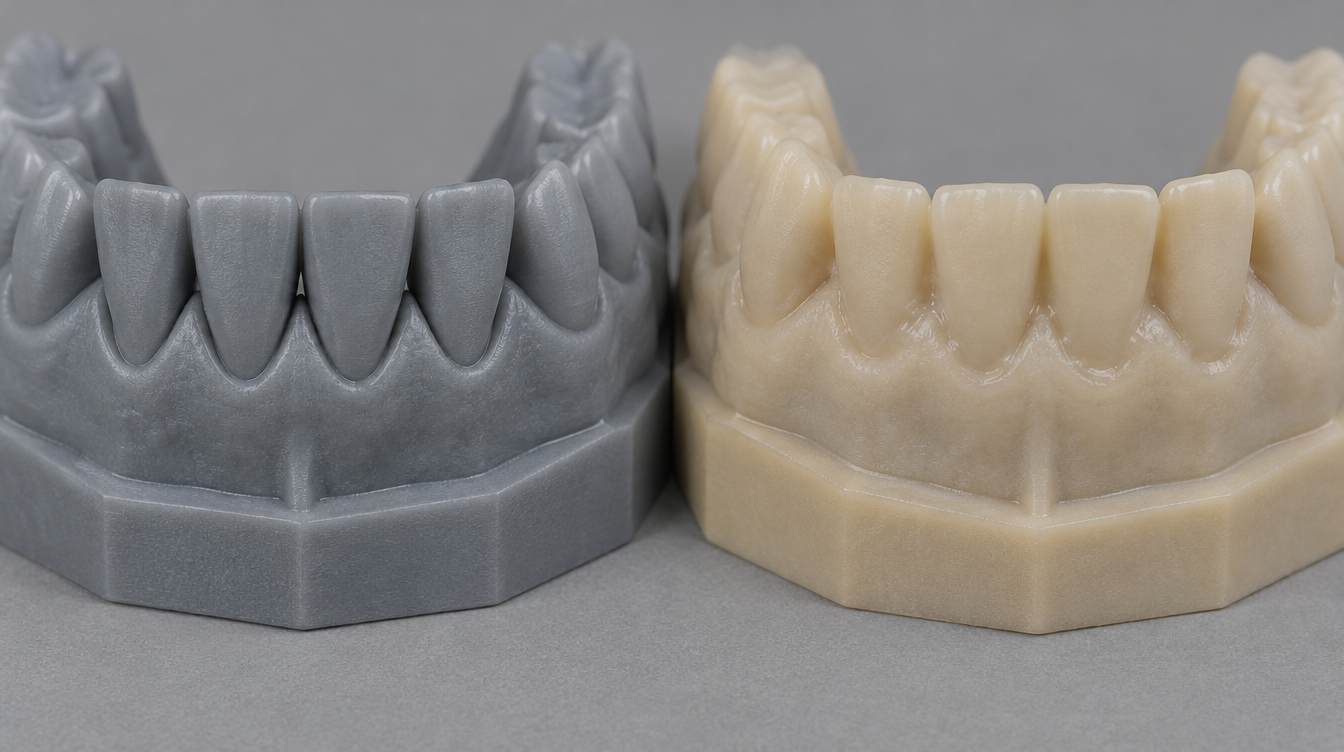 3D Printer Close-up of interproximal gaps on grey and beige 3D printed dental models showing the effect of resin color and exposure on print accuracy