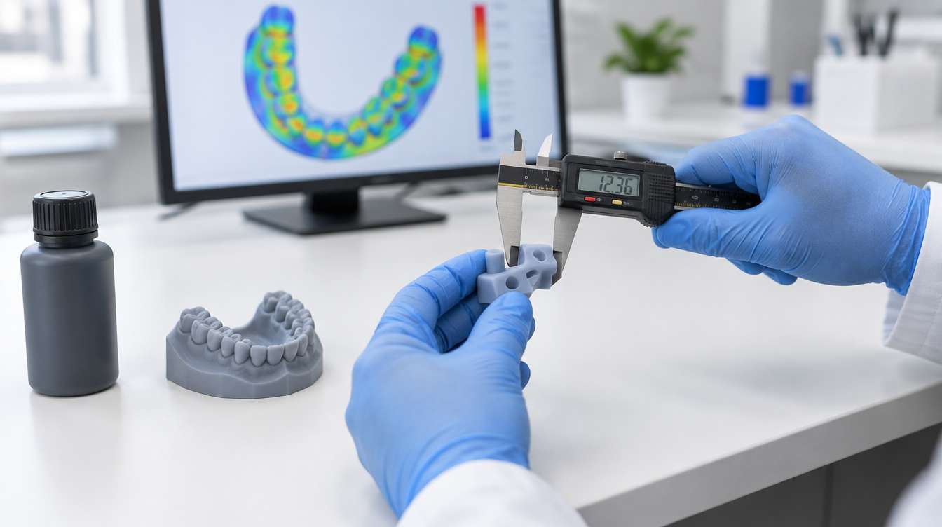 3D Printer Technician measuring a 3D printed dental model resin test part with a digital caliper to verify print accuracy after a resin color change