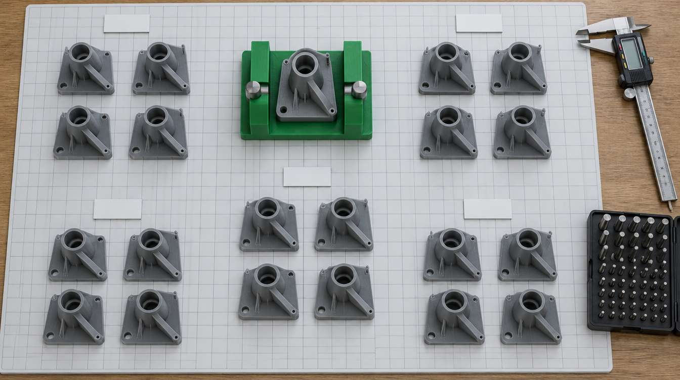 3D Printer Low-volume resin 3D printed parts on an inspection bench, grouped by build platform position for quality control