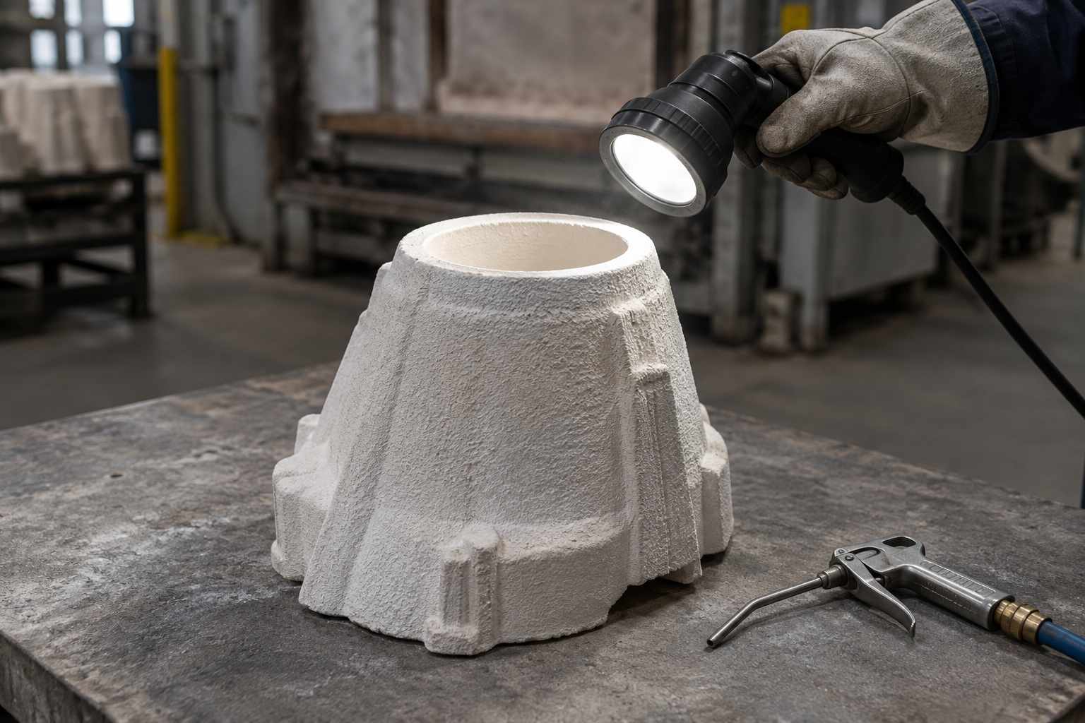 3D Printer Fired ceramic investment casting shell inspected for cracks and residue after burnout of a 3D printed resin pattern