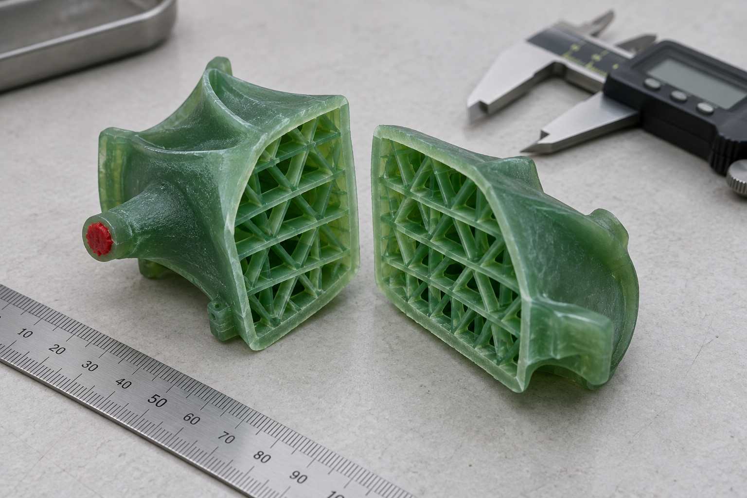 3D Printer Cutaway of a hollow 3D printed resin investment casting pattern showing a thin outer skin, internal lattice and sealed drain hole